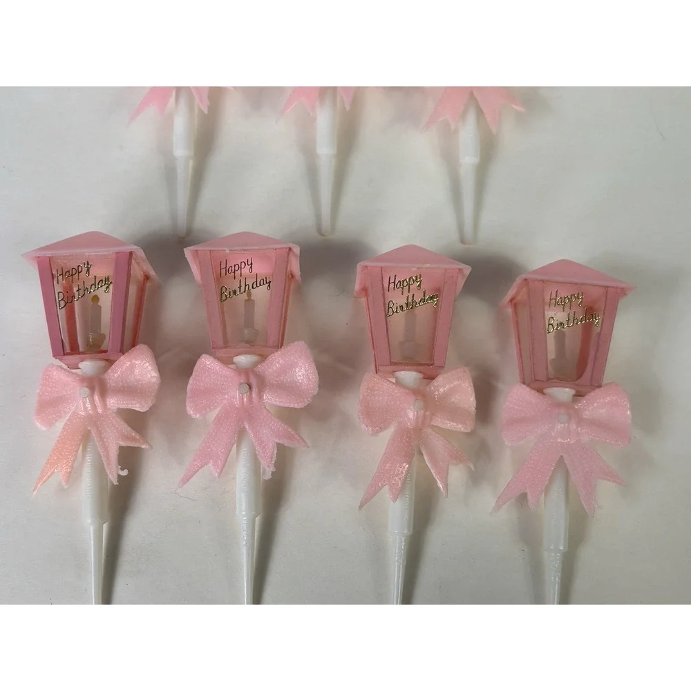 Vintage WILTON Happy Birthday Street Lamp Cake Toppers Decoration Pink Qty 7